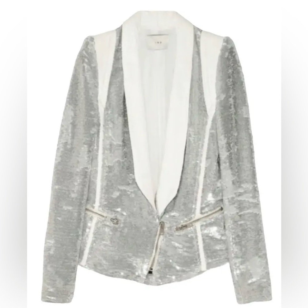 IRO Paris Silver Sequin "Hadley" Moto Blazer with White Leather - Picture 5 of 16
